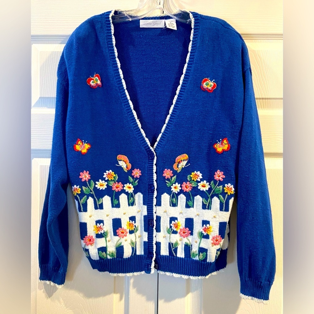 Laura Gayle Sweater Womens XL Blue Cardigan Springtime Embroidered Retro Ugly